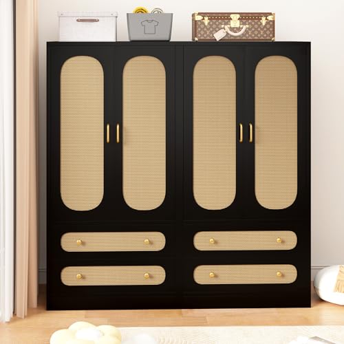 2 Door Wood Wardrobe Bedroom Closet, Rattan Wardrobe Cabinet with 2 Drawers & Hanging Rail, Freestanding Large Capacity Storage for Dormitory, Apartment, (Black)