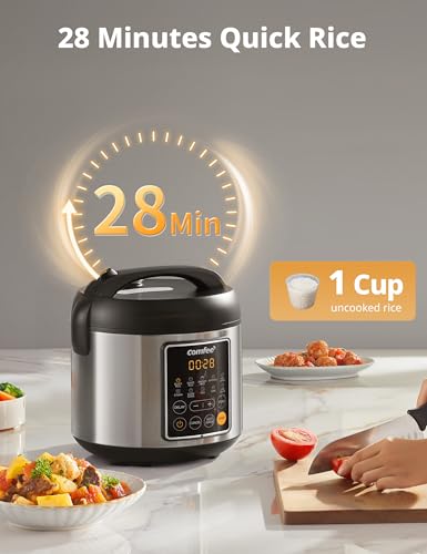 COMFEE' Compact Rice Cooker, 6-in-1 Stainless Steel Multi Cooker, Slow Cooker, Steamer, Saute, and Warmer, 2 QT, 8 Cups Cooked(4 Cups Uncooked), Brown Rice, Quinoa and Oatmeal, 6 One-Touch Programs