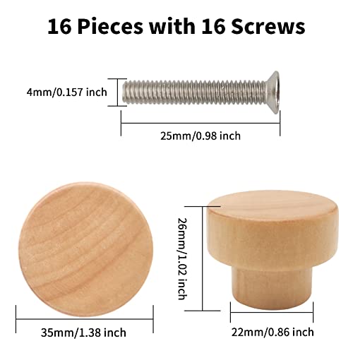16PCS Unfinished Wood Dresser Knobs, Mushroom Wooden Cabinet Knobs, Round Wood Drawer Knobs Pulls Handle (Diameter: 1.3