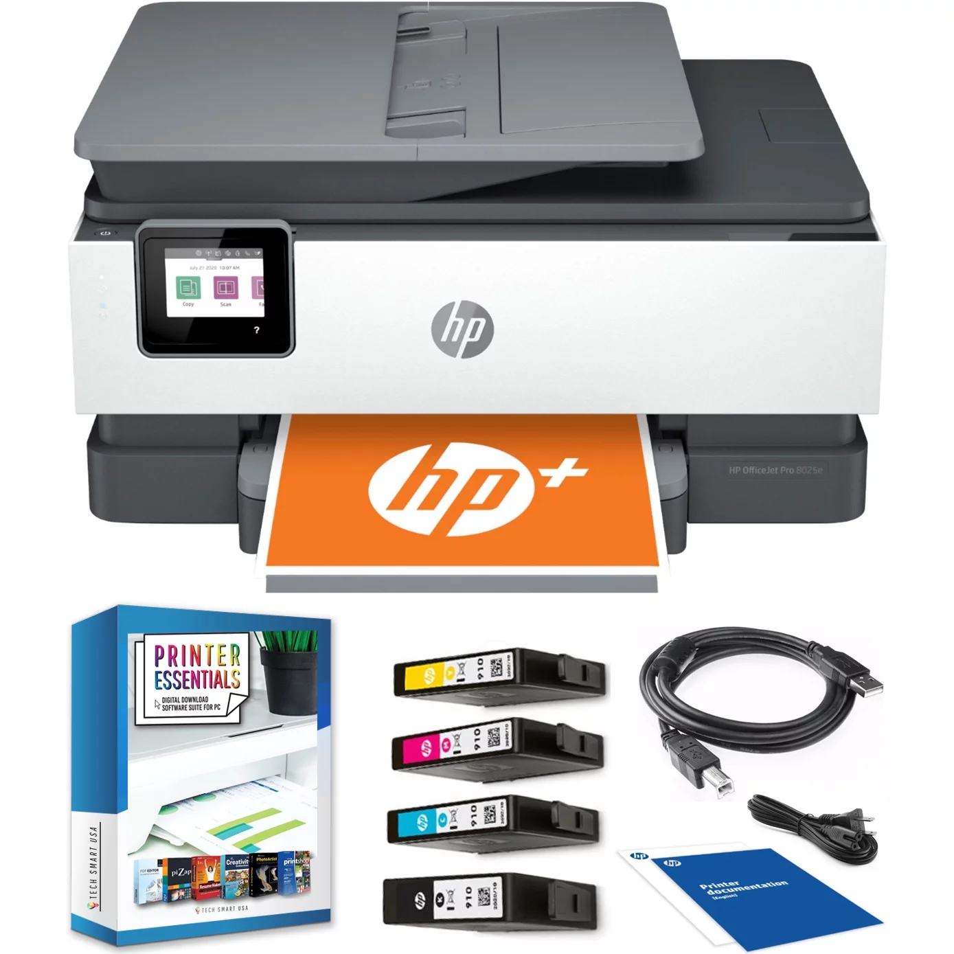 HP OfficeJet Pro 8025e All-in-One Wireless Smart Color Printer 1K7K3A Print, Scan, Copy, Fax, Mobile Functions, 6mths Instant Ink with HP+ Bundle with DGE Cable + Small Business Productivity Software