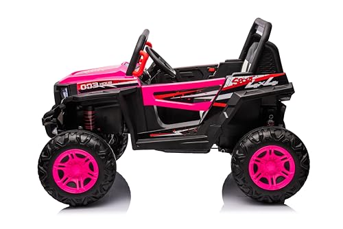 24V Ride on Car Kids Side by Side with Remote Control, 2 Seater 4WD Kids UTV Off-Road Power Wheels,Battery Powered Kids Cars to Drive w/ 4x100W Engine,3 Speeds,Bluetooth,LED Lights (Pink)