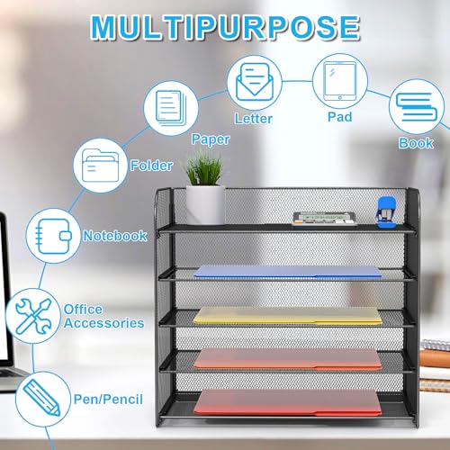 5 Tier Paper Organizer,Paper Tray Organizer for Desk,File Holder/Sorter,Legal Size/A4,File Folders Shelf Organizer for Office,School,Home,Solid Steel,Mesh,Sturdy,Leakproof,Large Capacity 1pc