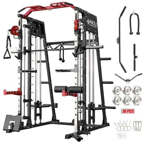Mikolo Smith Machine, 2200lbs Squat Rack with LAT-Pull Down System & Cable Crossover Machine, Power Cage with Leg Hold-Down Attachment, Red