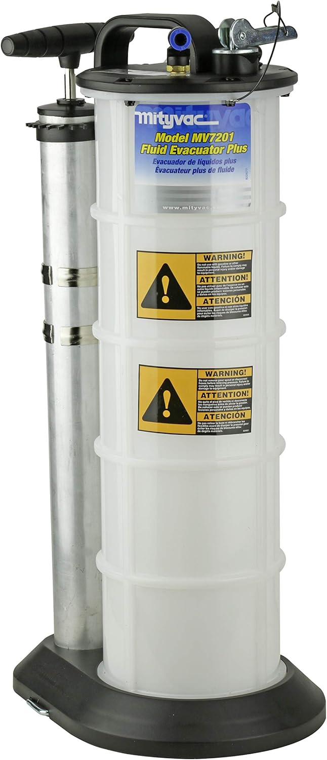 Mityvac 7201 Manual Fluid Evacuator Plus with 2.3 Gallon Reservoir; Evacuates or Dispenses Fluids with Push Button; Evacuate Through The Dipstick Tube