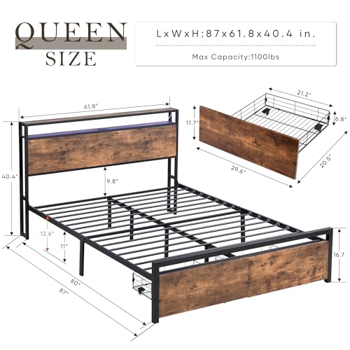 Queen Storage Headboard and 2 Drawers,Platform Bed W/Charging Station & Led Frame,No Box Spring Needed,for Bedroom,Apartment,Guest Room,Black+Brown