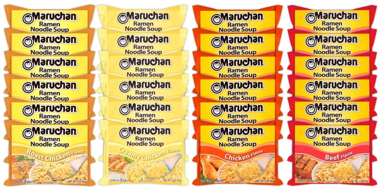Maruchan Ramen Instant Noodle Soup Variety Mix 24 Packs, 4 Flavors - 6 Pack Creamy Chicken, 6 Pack Chicken, 6 Pack Roast Chicken, 6 Pack Beef Lunch / Dinner Variety