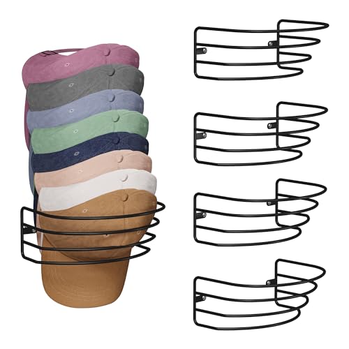 4 Pack Hat Rack Adhesive Hat Hanger for Wall Hold Up to 60 Hats, Hat Organizer for Baseball Caps, Hat Storage Display Hat Holder for Door Closet