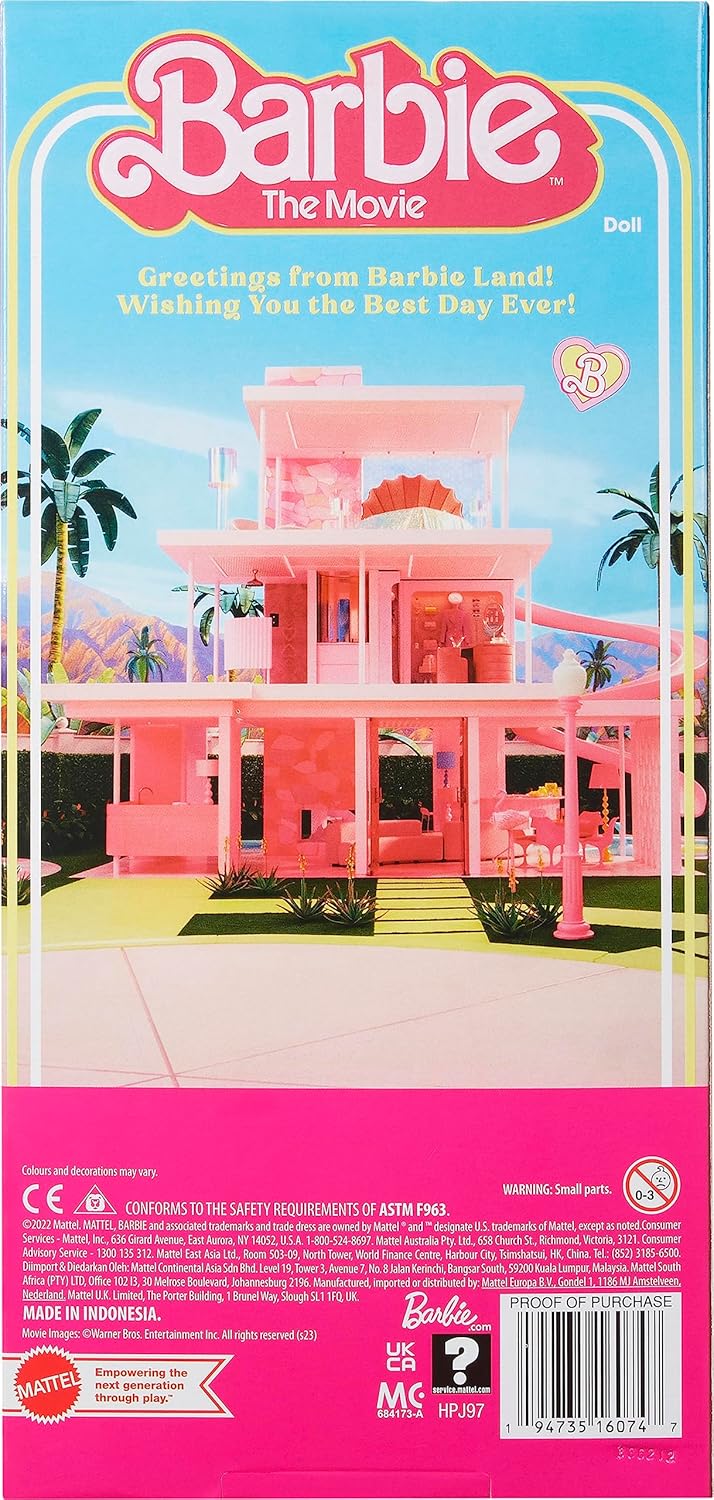 Barbie The Movie Ken Doll, Collectible Wearing Pastel Pink & Green Striped Beach Matching Set with Surfboard & White Sneakers