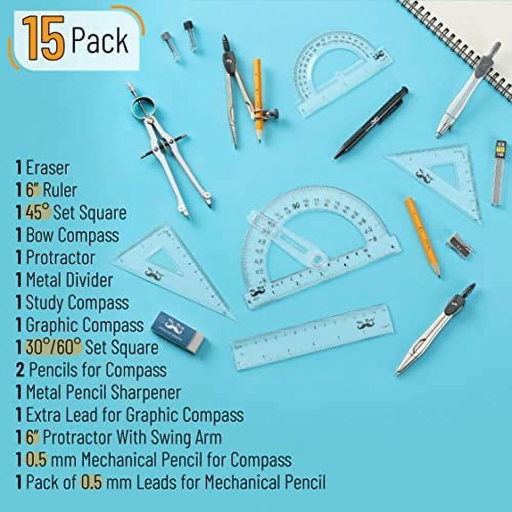 Mr. Pen Geometry Set with 6 Inch Swing Arm Protractor, Divider, Set Squares, Ruler, Compasses and Protractor, 15 Piece Set