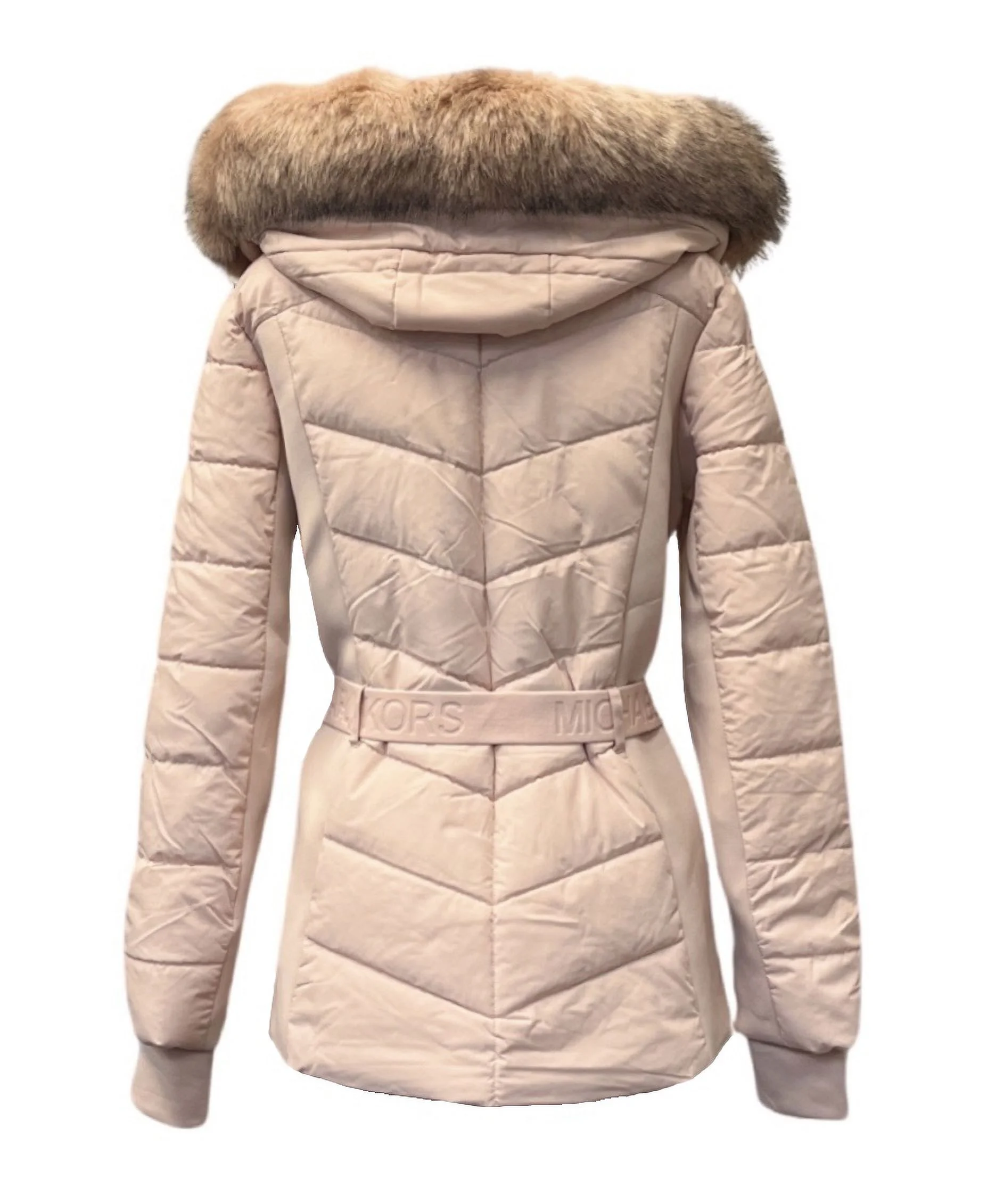 Michael Michael Kors Women's Faux Fur Hooded Puffer Scuba Belted Coat Jacket Blush - S