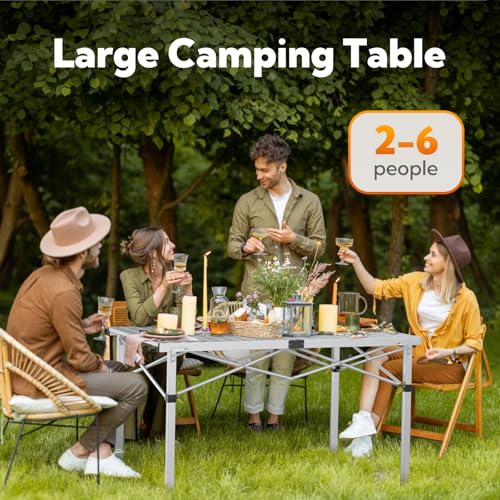 Portable Outdoor Camping Table Large for 2-6 Person - Foldable Camp Table with Aluminum Roll-Up Top & Carry Bag for BBQ, Tailgating, Backyard, 220 Lbs Capacity, Stable & Sturdy (Natural)