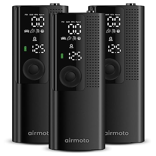 Airmoto Tire Inflator Portable Air Compressor - Air Pump For Car Tires with Digital Pressure Gauge, LED Light and Auto Shut-Off Function - Cordless Pump for Car, Motorcycle, Bicycle, Balls and More