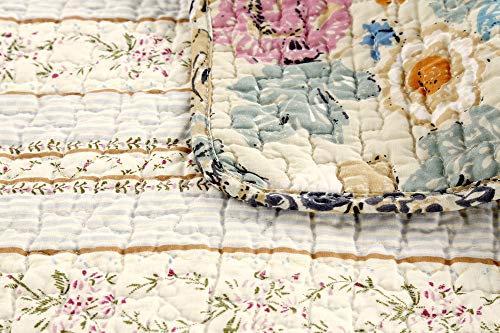Cozy Line Home Fashions Vintage Luxury Classic 3-Piece Beige Yellow Beige Blue Floral Garden Cotton Reversible Queen Quilt Bedding Set