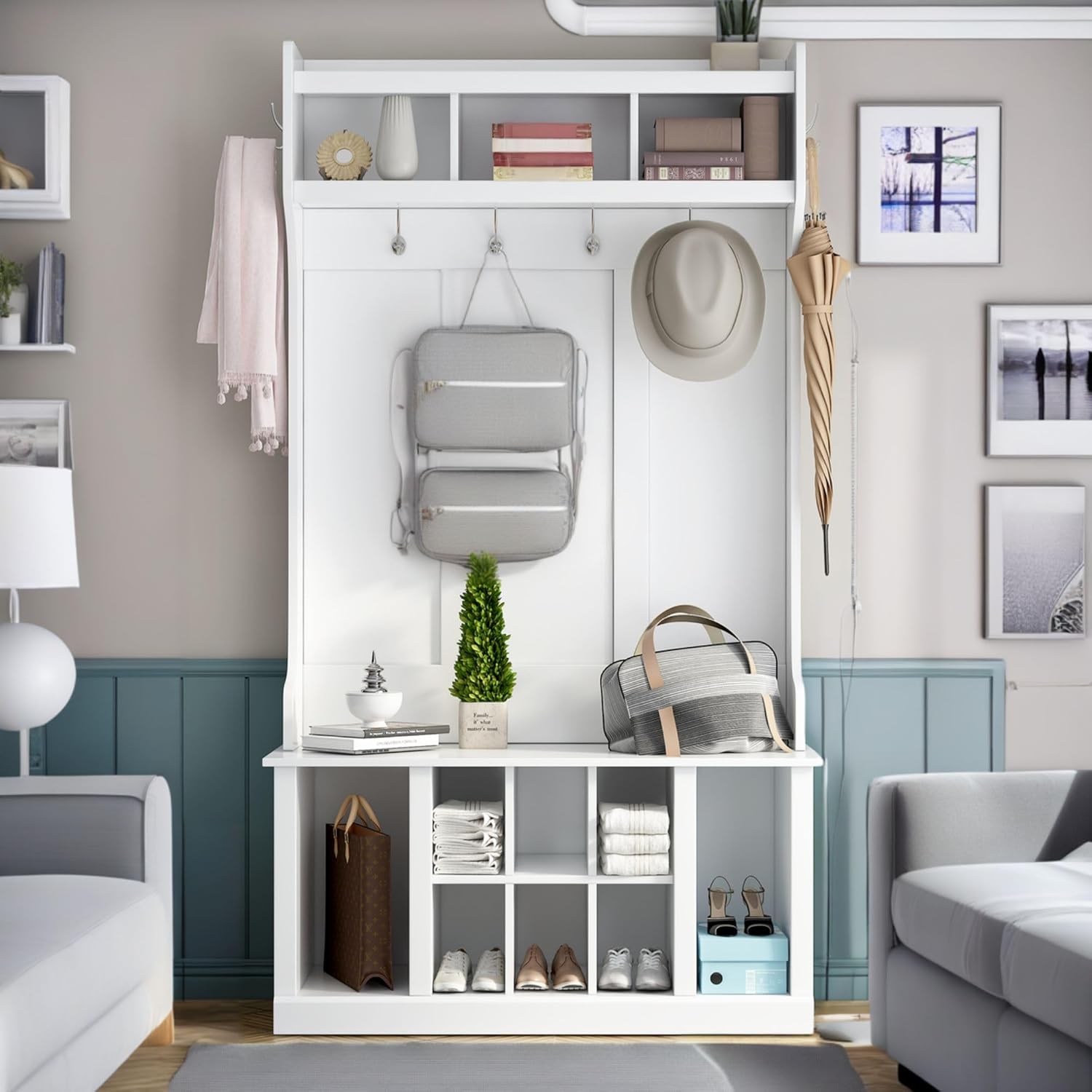 NicBex Hall Tree with Bench and Shoe Storage Hall Tree with 6 Hooks, Coat Hanger, Entryway Bench, Storage Bench, 3-in-1 Design, 39.4INCH, for Entrance, Hallway, White