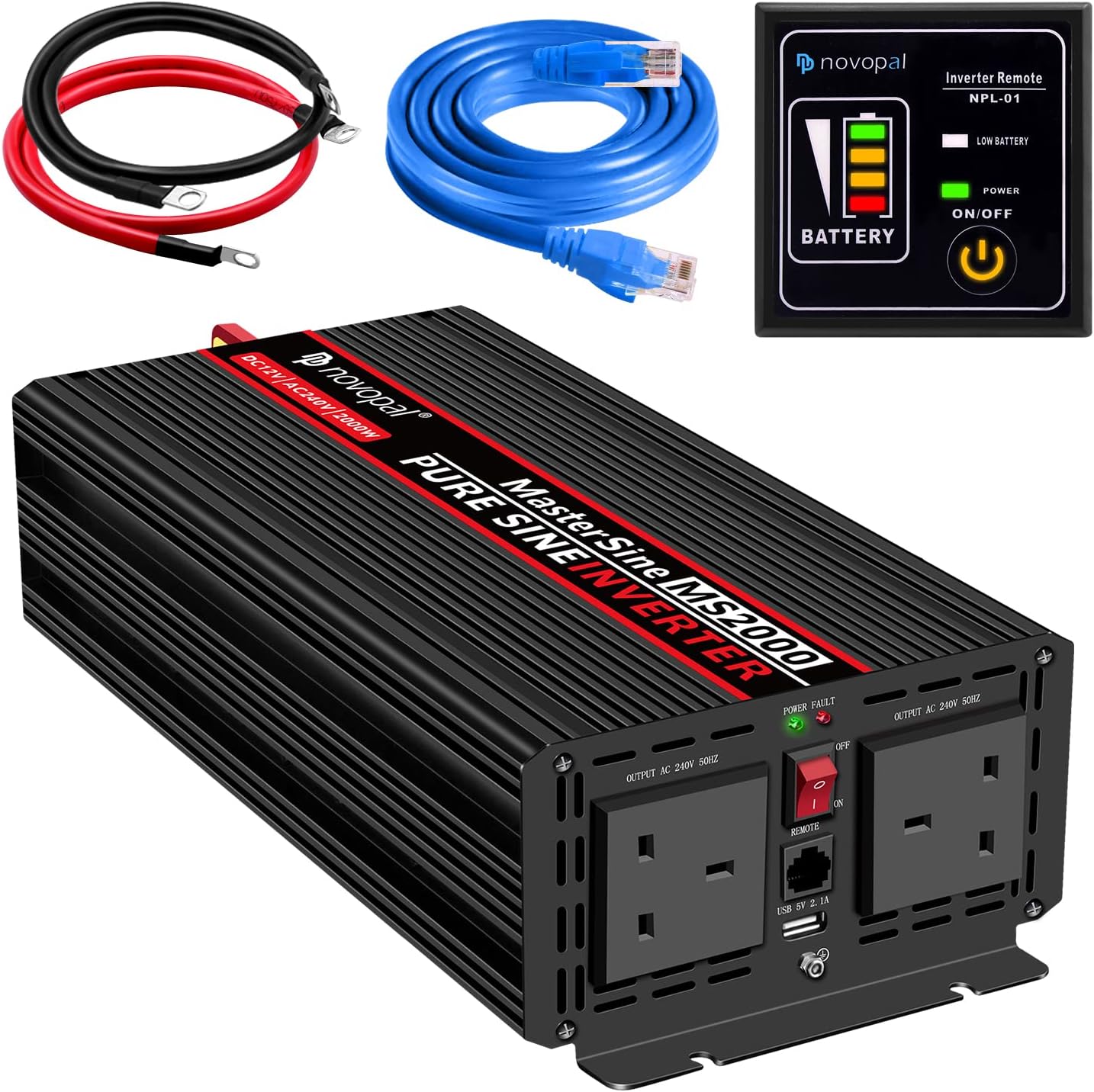 Novopal Power Inverter Pure Sine Wave-2000 Watt / 4000 Watt 24V DC to 110V/120V AC Converter- 4 AC Outlets Car Inverter with16.4 Feet Remote Control