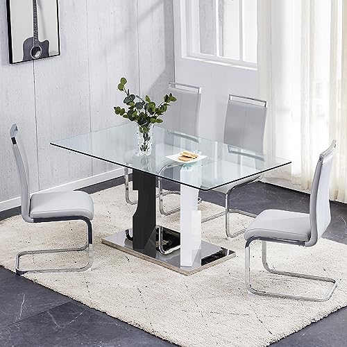 Glass Dining Table Set for 4,5 Piece Dining Table Set, Tempered Glass Table Top and Modern Design MDF Base with 4 PU Leather Ergonomic Dining Chairs