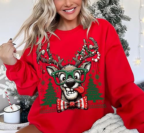 Ugly Christmas Sweater Women Funny Reindeer Graphic Sweatshirts Oversized Christmas Tree Sweaters Xmas Pullover Tops