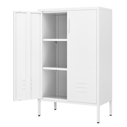 GREATMEET Metal Storage Cabinet Freestanding, Metal Locker Storage Cabinets with 2 Doors, Tall Accent Cabinet with 2 Adjustable Shelves, Metal Cabinet for Kitchen, Office, Livingroom, White
