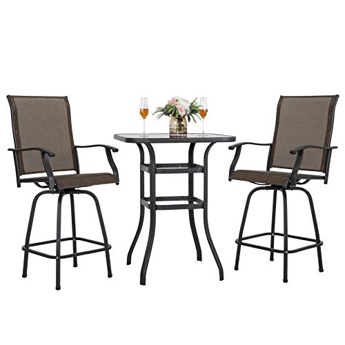NUU GARDEN 5 Piece Patio Bar Set with Square Silk Screen Bar Height Glass Table and 4 Counter Textilene Height Swivel Chairs for Patio, Yard, Outdoor, Black&Brown