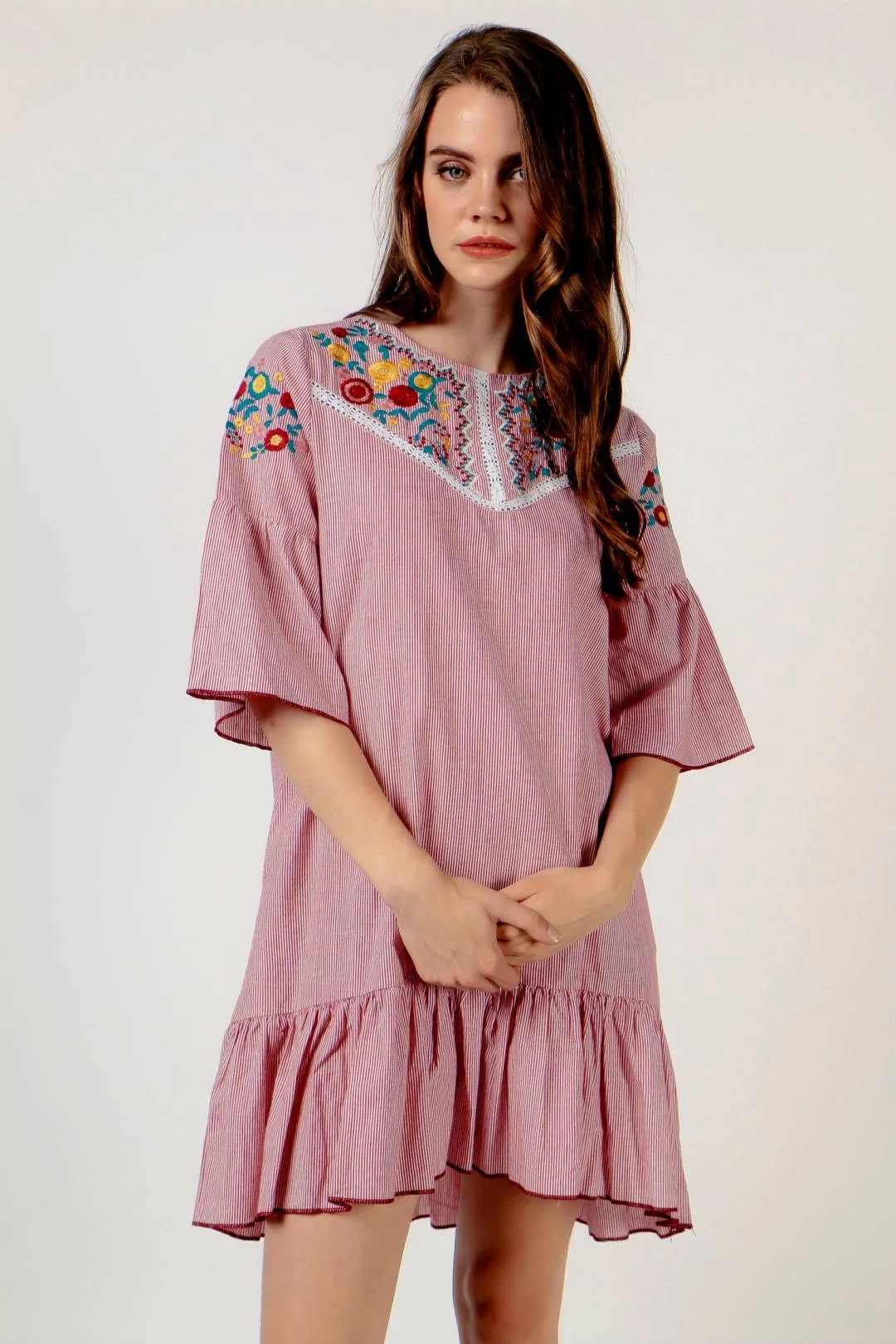 Zara Striped Embroidered Yoke Cotton Summer Dress Red White New Size Small New