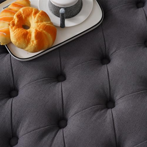 33-inch Large Square Ottoman Coffee Table with Storage Shelf and Solid wood Legs - Button Tufted Upholstered Linen Ottoman stool for Living room，Office, Bedroom, Farmhouse (Beige)