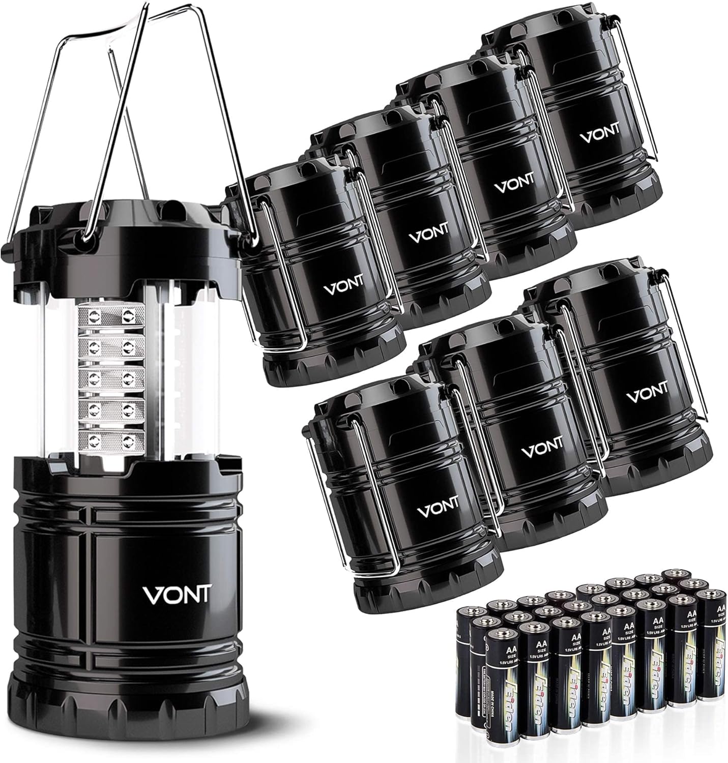 Vont 8 Pack LED Camping Lantern, LED Lanterns, Suitable Survival Kits for Hurricane, Emergency Light for Storm, Outages, Outdoor Portable Lanterns, Black, Collapsible, (Batteries Included)
