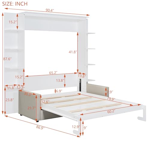 Queen Size Murphy Bed, Wood Wall Bed Frame with Storage Shelves, Space-Saving Murphy Cabinet Bed for Guestroom, Office, Apartment, White