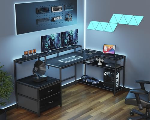L Shaped Gaming Desk with Drawes,Computer Desk with Led Lights & Power Outlets, Reversible Home Office Desk with Shelves White