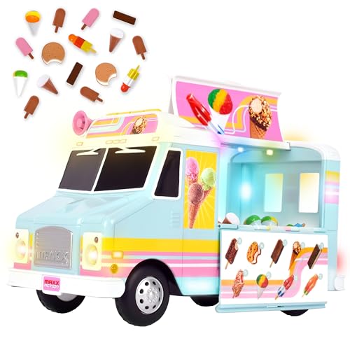 Sunny Days Entertainment, LLC. Maxx Action 12” Ice Cream Food Truck. Lights and Sound, Includes 16 Pieces with Miniature Food, Imaginative Food Play for Girls and Boys 3+