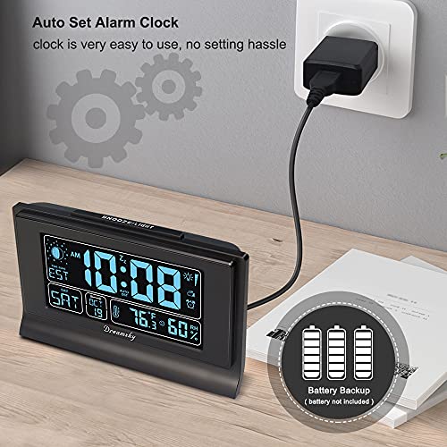 DreamSky Alarm Clocks for Bedrooms with Battery Backup, Auto Set Digital Clock with Date and Day of Week, 5 Inch Large Display with Weekday Temperature, USB Ports, Auto DST, Brightness Dimmer, 12/24H