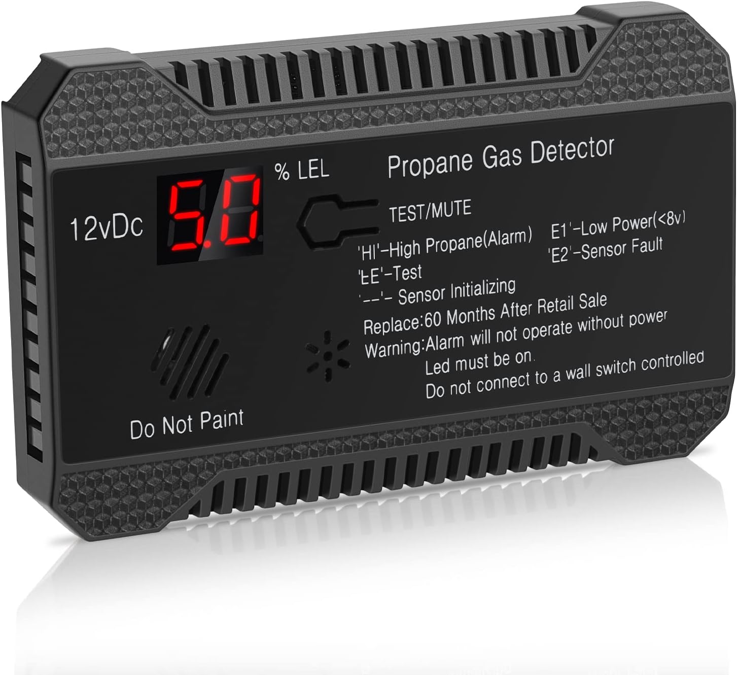 PAULINN RV Propane Gas Detector, 12V High Sensitivity Propane Alarm Leak Detection with LCD Display and 85dB Loud Alarm for RV Camper Trailer Home Kitchen, Black