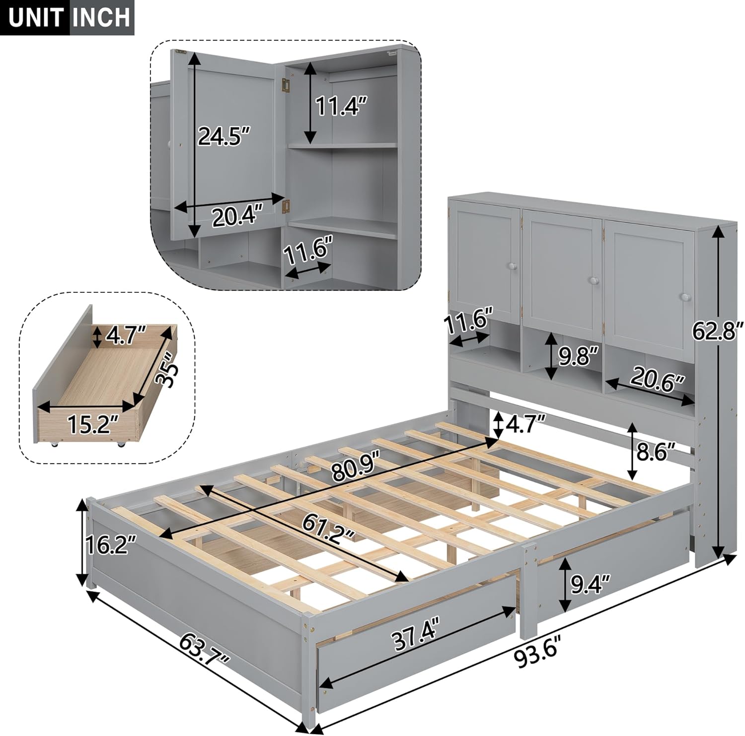 Queen Size Bed Frame, Wooden Platform Bedframe with Storage Headboard, 4 Drawers and Cabinets, No Box Spring Needed, Gray