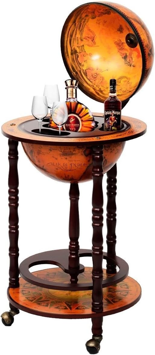 36 Inches 18lbs 16th Century Vintage Italian Wood Globe Earth Old World Map Stand Bottle Shelf Rack Bar with Wheels for Liquor Wine Whiskey