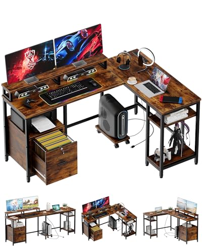 L Shaped Computer Desk with FiIe Drawers, 67