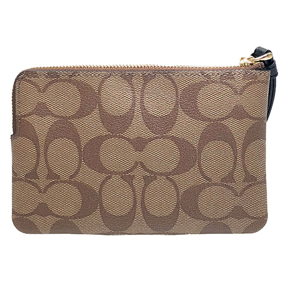 NWT Coach F58035 Signature PVC Leather Corner Zip Wristlet Light Khaki/Black/Gold f58035