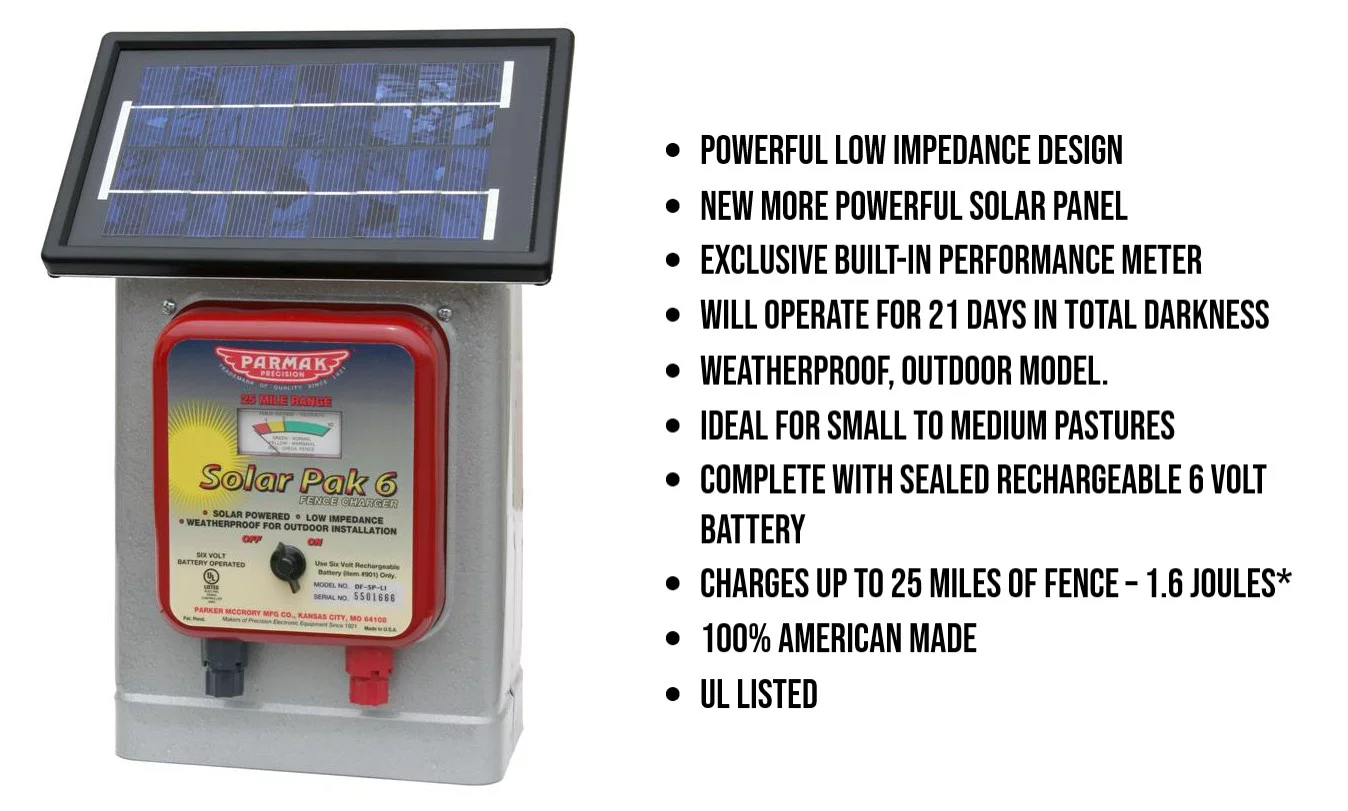 Parmak DF-SP-LI Deluxe Field Solar-Pak 6 Electric Fence Charger, Solar/6 Volt Battery, 25 miles, Built-In Performance Meter, Weatherproof, Portable