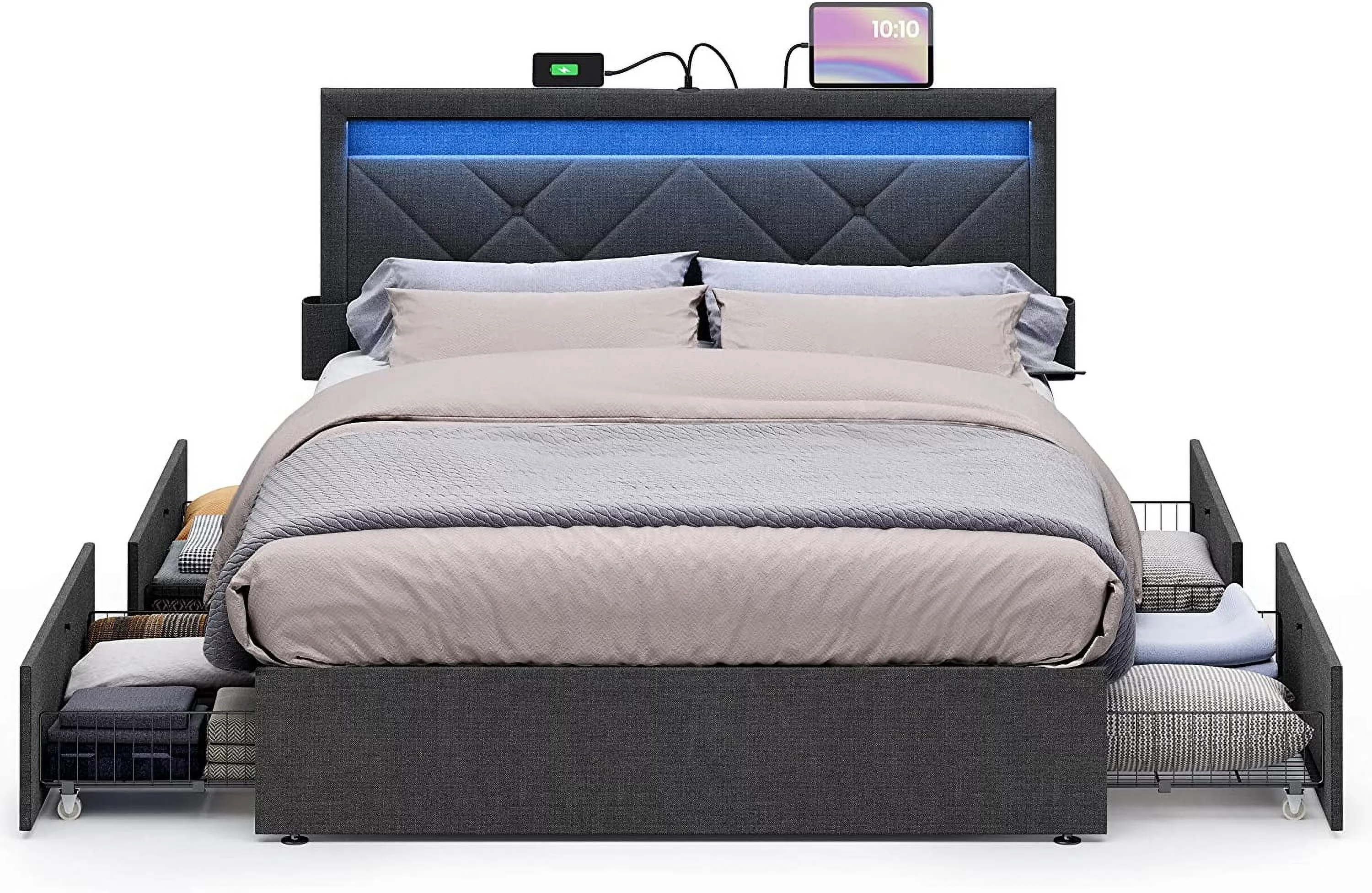 VASAGLE Full Size LED Bed Frame with Headboard and 4 Drawers Storage Adjustable Upholstered Headboard 1 USB Port and 1 Type C PortNo Box Spring Needed Gray