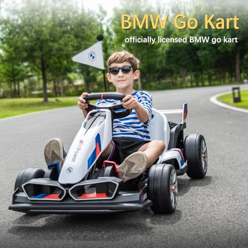 36V Electric Go Kart for Kids, Licensed BMW Battery Powered Drift Racing Go Kart, 7.5 MPH Drift Kart with Dual 300W Powerful Motor, Kids Race Pedal Go Karting Car w/Adjustable Speed, White