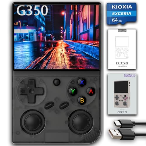 G350 Retro Game Console,Linux System RK3326 G350 Handheld Game Console Built-in 64G TF Card 4371 Games,3.5-inch IPS Screen, WiFi, Bluetooth 4.2, HDMI Output, 3200mAh Battery