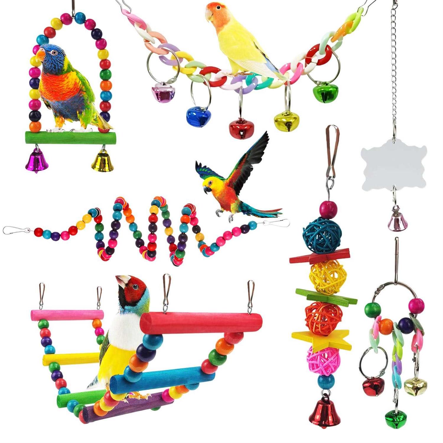 Xloey Parakeet Toys,7 Pcs Colorful Bird Toys for Parakeets,Pet Bird Cage Hammock Swing Climbing Ladders Chewing Toy Mirror Hanging Bell Wooden Perch - Pet Supplies online store