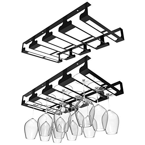 Wine Glass Rack - Under Cabinet Stemware Wine Glass Holder Glasses Storage Hanger Metal Hanging Organizer for Bar Kitchen, Black 4 Rows 2 Packs