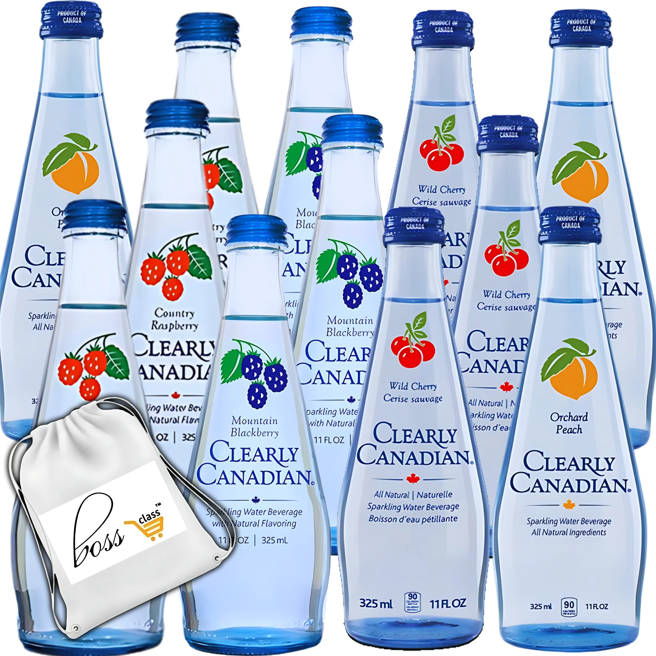 (12) Clearly Canadian Sparkling Water Beverage, 11 Fl oz Variety Pack Naturally Flavored Drinks 3 Bottles Each Mountain Blackberry Country Raspberry Orchard Peach Wild Cherry & CUSTOM Storage Carrier - Curated Treasures Market