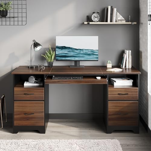 Bestier 59” Computer Desk with 4 Drawers, Office Desk with Storage, Industrial Executive Desk with File Drawer, Keyboard Tray & 2 Pedestals for Home Office & Studio, Cherry