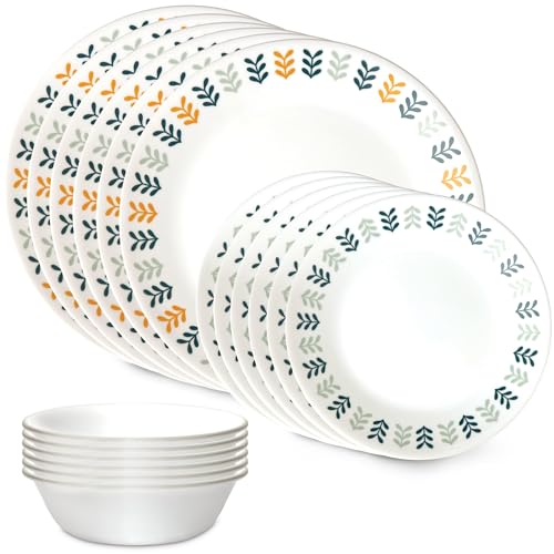 Corelle Everyday 18-PC Dinnerware Set, Service for 6, Durable and Eco-Friendly, Higher Rim Glass Plate & Bowl Set, Microwave and Dishwasher Safe, Sadie