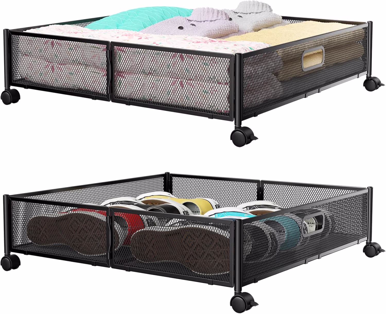 Under Bed Storage Containers with Wheels - Shoe Storage Organizer Drawer, Tool-free Assembly Metal Underbed Storage for Bedroom Clothes, Shoes, Blankets - 2Pack