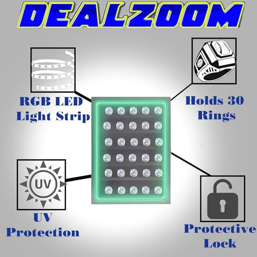 Championship Ring Display Case RGB LED - 30 Ring Large Baseball Ring Display Case - Glass Shadow Box with Lock for Baseball Rings , Basketball Ring Holder Display , Football Case - Black