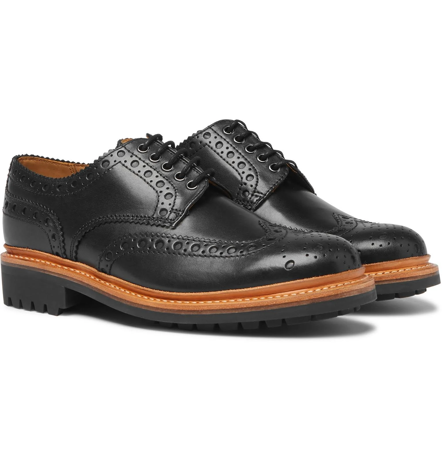 Grenson - Men - Archie Leather Wingtip Brogues Black - Fabric, inner:fabricu0026rubber, sole:rubber:Upper: Fabric, Inner: Fabric