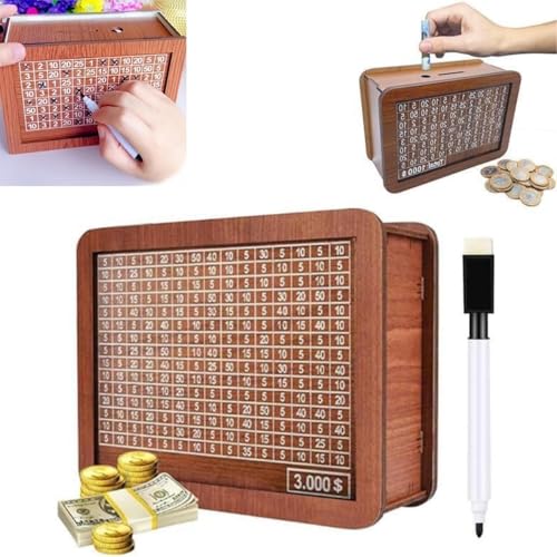 Cash Vault Wooden Savings Box, 2024 New Wooden Cash Saver Money Box, Cash Saver Box, Coin Counter Piggy Bank, Money Box with Counter, Wooden Money Box with Money Target and Numbers (5000)