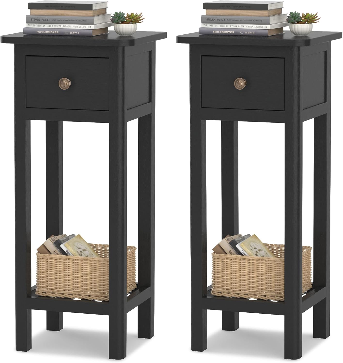 GORELAX Narrow End Table, Tall Nightstands Set of 2 with Drawer & Shelf, Slim Bedside Tables w/Anti-Tipping Device, No Assembly, Wooden Small Side Table for Small Space, Living Room, Bedroom, Black