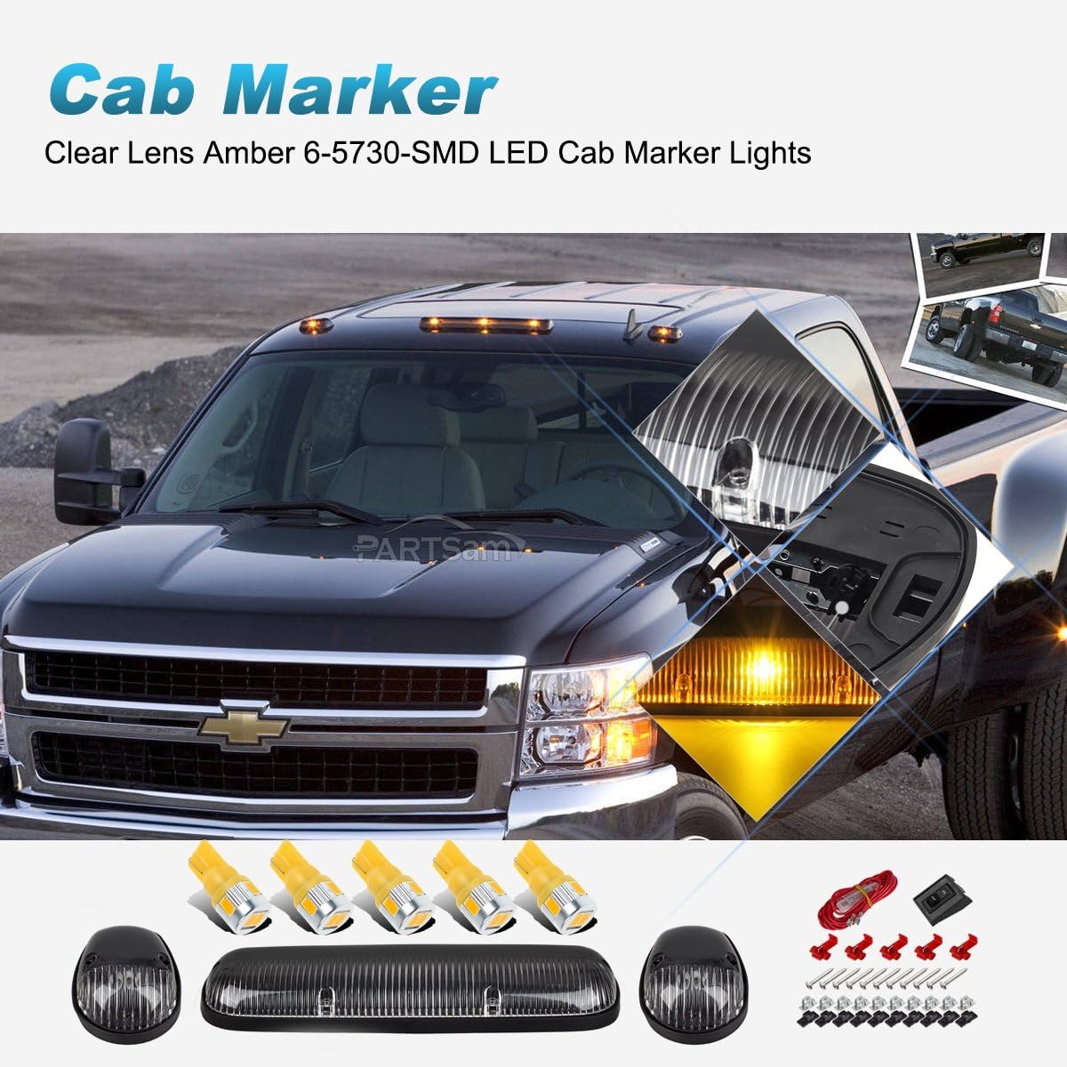 Partsam Cab Light Top Roof Running Cab Marker Lights 264155CL 3PCS + T10 LED Bulbs Compatible with Silverado/Sierra 1500 1500HD 2500 2500HD 3500 2002-2007 Truck Pack of 2